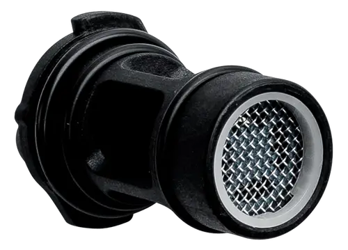 Kaltwasser-Filter mit Durchflussmengenregler, hergestellt von Wolf. Das Produkt hat einen metallenen, gitterförmigen Filtereinsatz und einen schwarzen Kunststoffkörper.